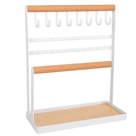 4-Tier Tabletop Wooden Jewelry Display Stand Necklace Accessories Holder Organizer Rack Hanger with Ring Tray 8 Hooks 24 Earring Holes