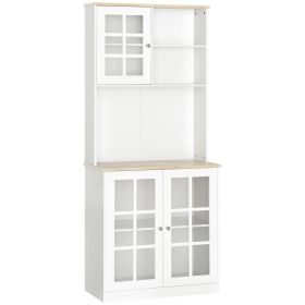 HOMCOM 72" Kitchen Pantry Cabinet Storage, Freestanding Storage Cabinet with Hutch, Countertop, Glass Doors and Adjustable Shelves, White