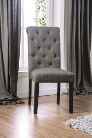 Classic Antique Black / Gray Set of 2 Side Chairs Button Tufted Linen Like Fabric Solid wood Chair Upholstered Scroll Back Kitchen Rustic Dining