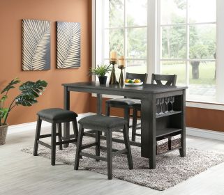 Modern Gray Finish 5pc Counter Height High Dining Table w Storage Shelves High Chairs And Stools Wooden Kitchen Breakfast Table Dining Room Furni