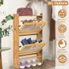 2-Tier Shoe Cabinetéth 2 Flip Drawers Slim Bamboo Shoe Rack Freestanding Narrow Shoe Organizer with 44lbs Max Load for Entryway Hallway