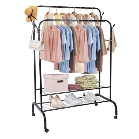 Garment Hanging Rack Clothing Hanging Rail Pillow Shoe Display Organizer Clothes Organizer Stand with 2 Rails 2 Shelves 4 Rolling Wheels 4 Hooks (Option: GarmentRackBlackGarmentRackBlack)