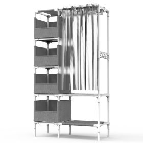 Portable Closet Wardrobe Clothes Storage Cabinet Organizer Garment Hanging Rack Shelves with 4 Storage Bags 1 Shelf 1 Hanging Rod 4 Hooks (Option: WardrobeClosetGreyWardrobeClosetGrey)