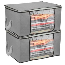 2Pcs Clothes Storage Bag 90L Large Capacity Foldable Closet Organizer w/ Thick Fabric Clear Window Dual-Zipper for Clothes Comforters Blankets Bedding (Option: 2PcsStorageBagGrey2PcsStorageBagGrey)