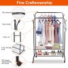 Garment Hanging Rack Clothing Hanging Rail Pillow Shoe Display Organizer Clothes Organizer Stand with 2 Rails 2 Shelves 4 Rolling Wheels 4 Hooks