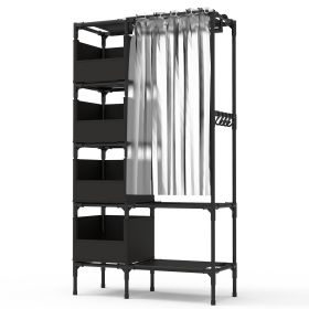 Portable Closet Wardrobe Clothes Storage Cabinet Organizer Garment Hanging Rack Shelves with 4 Storage Bags 1 Shelf 1 Hanging Rod 4 Hooks (Option: WardrobeClosetBlackWardrobeClosetBlack)