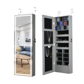 Fashion Simple Jewelry Storage Mirror Cabinet With LED Lights Can Be Hung On The Door Or Wall (Color: Grey)