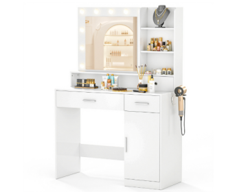 Dressing Table And Mirror, Dressing Table And Bedroom Dressing Table With 3-color Light Options For Adjustable Brightness, White (Option: White2 cabinets)