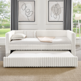 Twin Size Daybed, Upholstered Sofa Bed,The Bottom Pulls Out To Form A Bed ,Striped Corduroy Fabric- Beige 86x43.5x34 (Color: Beige)