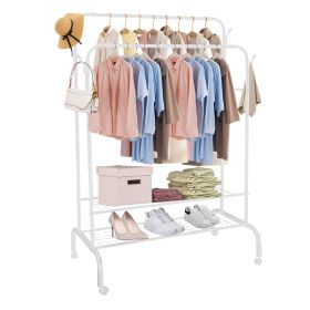 Garment Hanging Rack Clothing Hanging Rail Pillow Shoe Display Organizer Clothes Organizer Stand with 2 Rails 2 Shelves 4 Rolling Wheels 4 Hooks (Option: GarmentRackWhiteGarmentRackWhite)