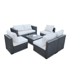 Seven-Piece Sofa Set Table With Sofa Chair Black PE Rattan Outdoor Furniture 7-JH002 Box 3-1-2-3 With Beige Color Cushion (Color: White)