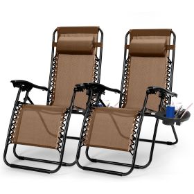 2Packs Zero Gravity Lounge Chair w/ Dual Side Tray 330lbs Load Foldable Recliner Chair w/ Stress Relief Pillow Patio Poolside Beach Lying Chair (Option: ToolTool2ZeroGravityChairsBrown)