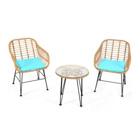 3 Pieces Rattan Furniture Set With Cushioned Chair Table (Option: Turquoise)