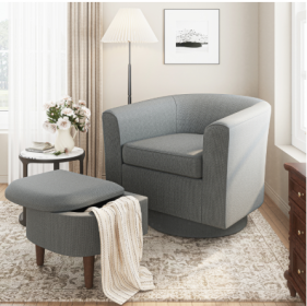 COLAMY Swivel Barrel Accent Chair With Ottoman, Modern Single Sofa, Upholstered Armchair With Storage Space For Home, Beige (Color: Grey)
