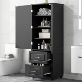 Tall Bathroom Storage Cabinet, Freestanding Storage Cabinet With Two Drawers And Adjustable Shelf, MDF Board With Painted Finish (Color: Black)