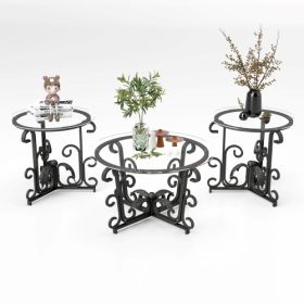 3 Piece Tempered Glass Surface Coffee Table Set, Decor Coffee Table Round End Side Table With Sturdy Construction For Living Room Rustic Black (Color: Black)