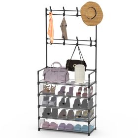 5-Tier Dustproof Entryway Hall Tree Coat Rack Shoe Rack With 8 Removable Hooks Freestanding Shoe Storage Shelf Hat Clothes Organizer For Front Door Be (Option: ShoeRack5TierShoeRack5TierBlack)