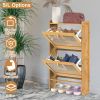 2-Tier Shoe Cabinetéth 2 Flip Drawers Slim Bamboo Shoe Rack Freestanding Narrow Shoe Organizer with 44lbs Max Load for Entryway Hallway