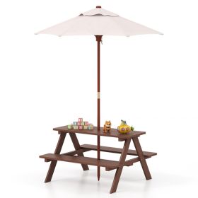 Outdoor 4-Seat Kids Picnic Table Bench Set With Removable Umbrella (Color: Brown)